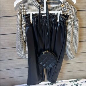 Black Faux Leather pants with top with Quilted Round Crossbody Bag